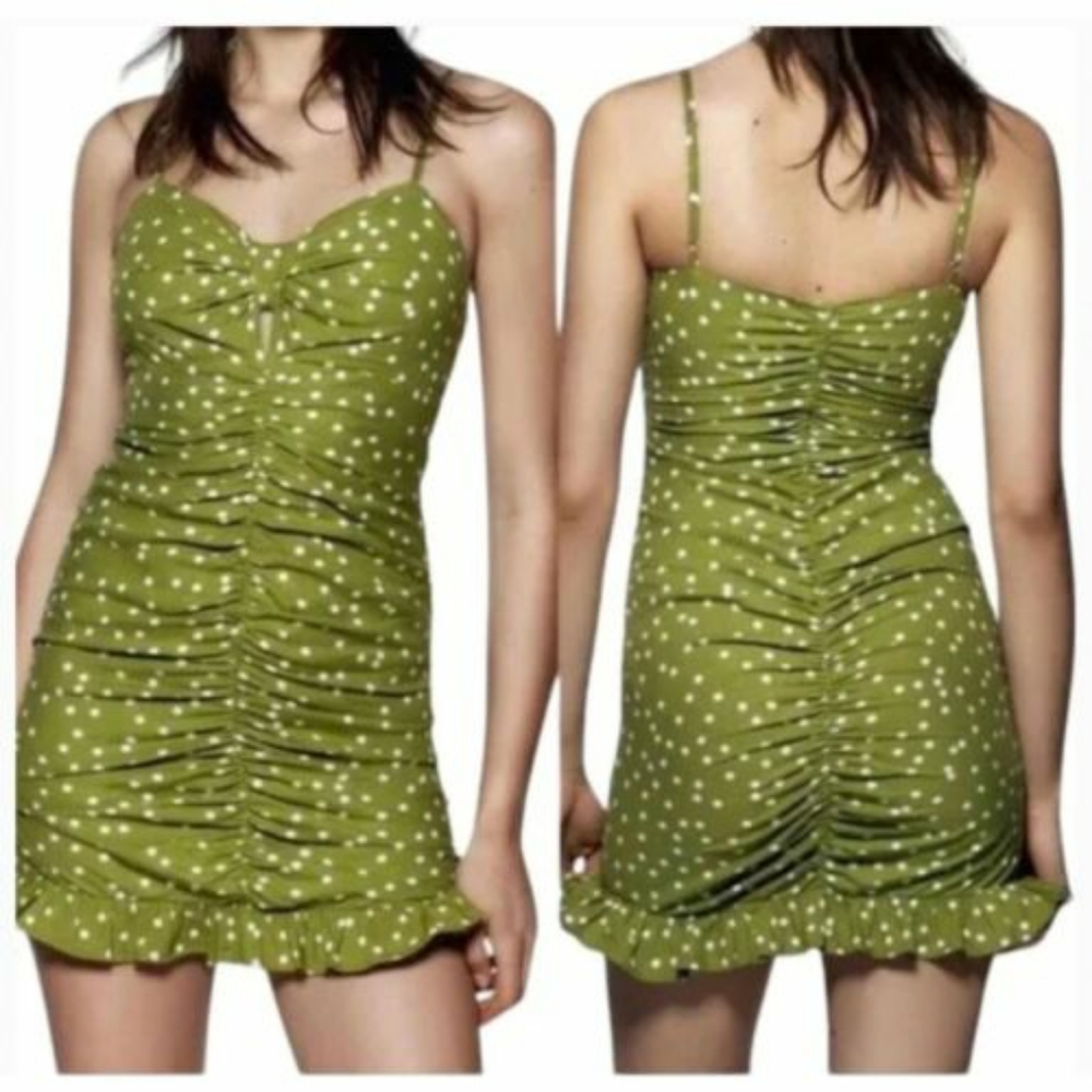 ZARA Linen Blend Green Polkadot Mini Dress Size M NWT
